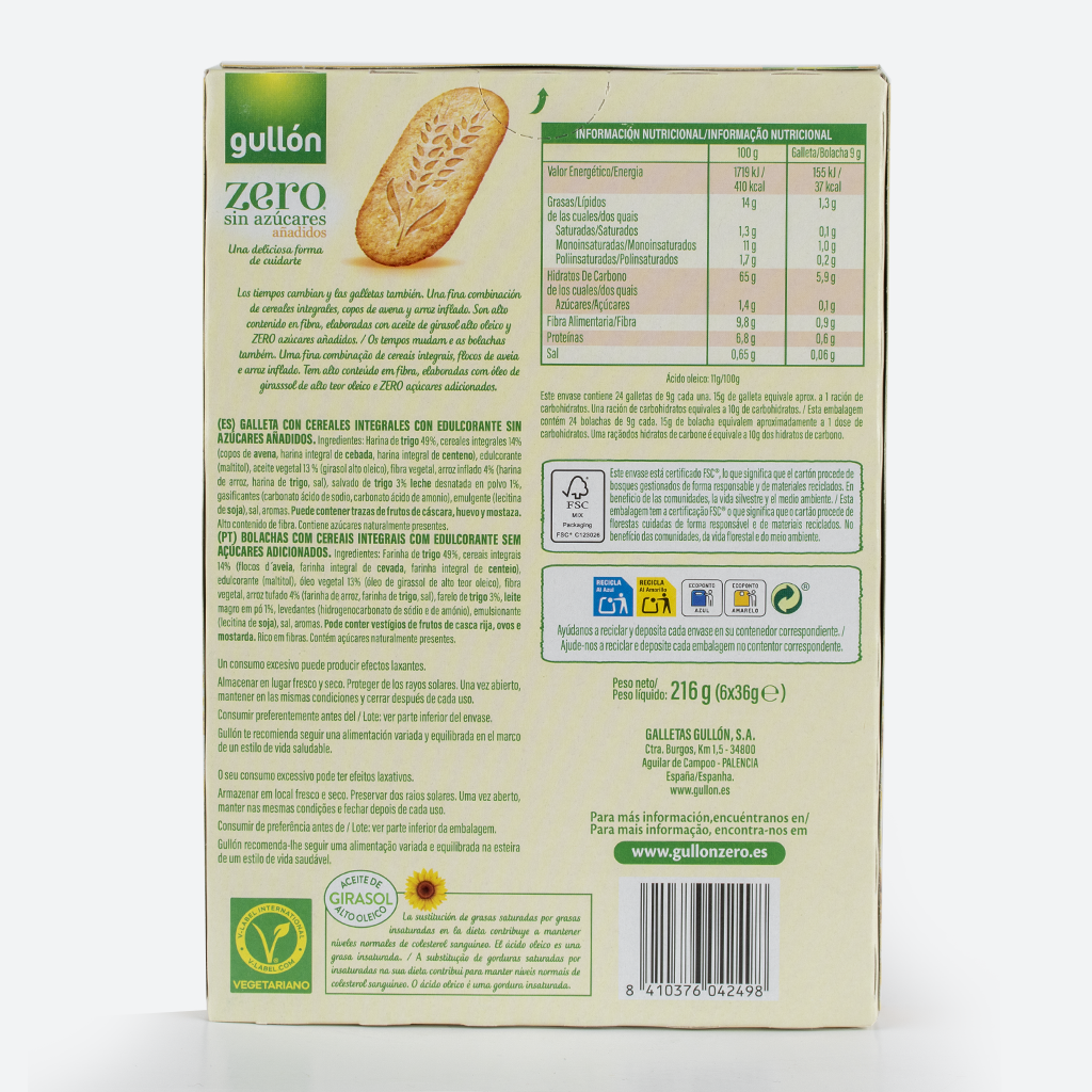 GULLON GALLETA DESAYUNO CEREALES INTEGRALES ZERO 216G