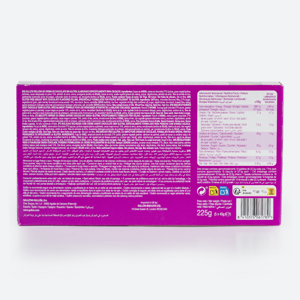 GULLON GALLETA SANDWICH AVENA CHOCO SIN GLUTEN 225G