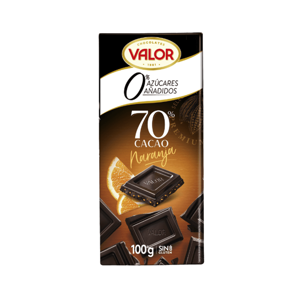 CHOCOLATE SIN AZUCAR AÑADIDA 70% CACAO CON TROZOS DE NARANJA DESHIDRATADA 100G- VALOR